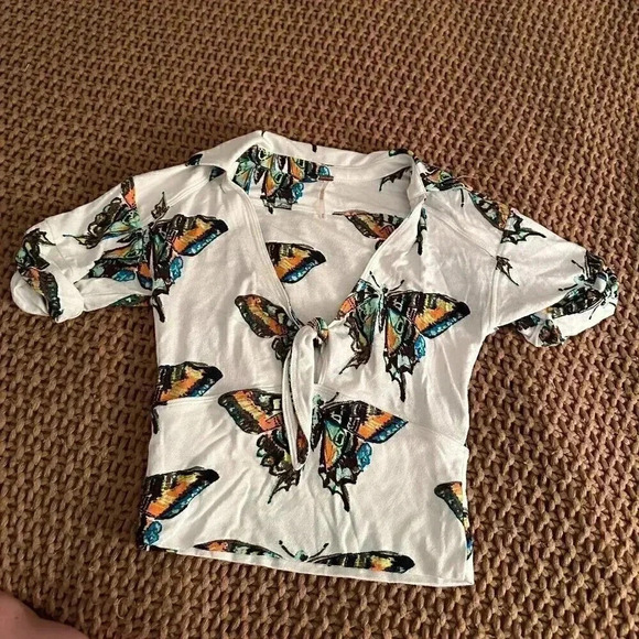 Free People Ready Set Sail Butterfly Crop Top Women’s XS White Collar Deep vneck - Picture 4 of 6